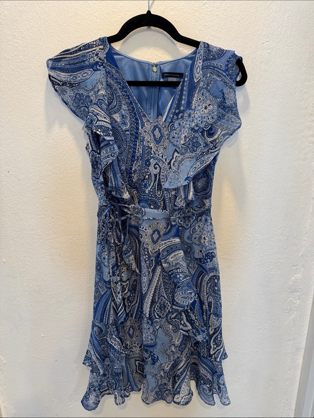 Tommy Hilfiger Blue Paisley Ruffle Wrap Mini Dress
